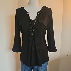 White House Black Market Black Lace-Up Blouse